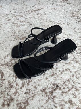 Black Strappy Square-Toe Heeled Sandals